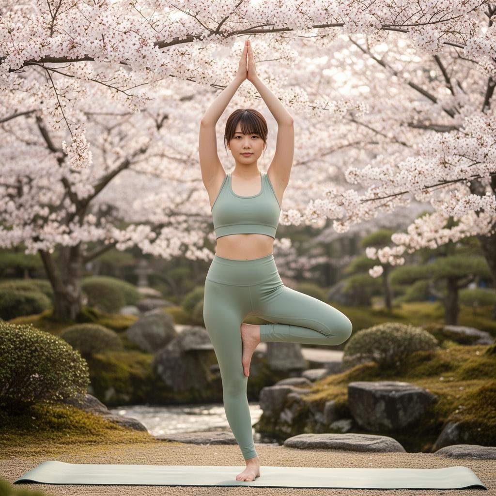 桜の下でツリーポーズをする女性